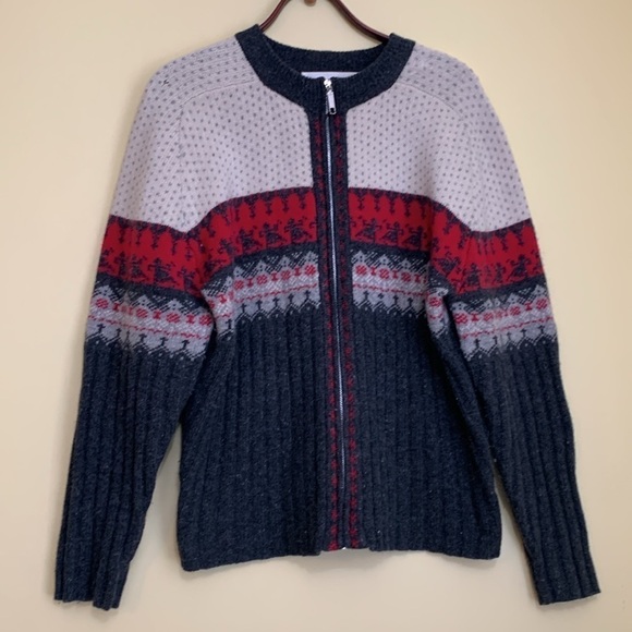 111 State Gray Full Zip Fair Isle Lambswool Angora Blend Knit Cardigan Sweater L - Picture 3 of 17